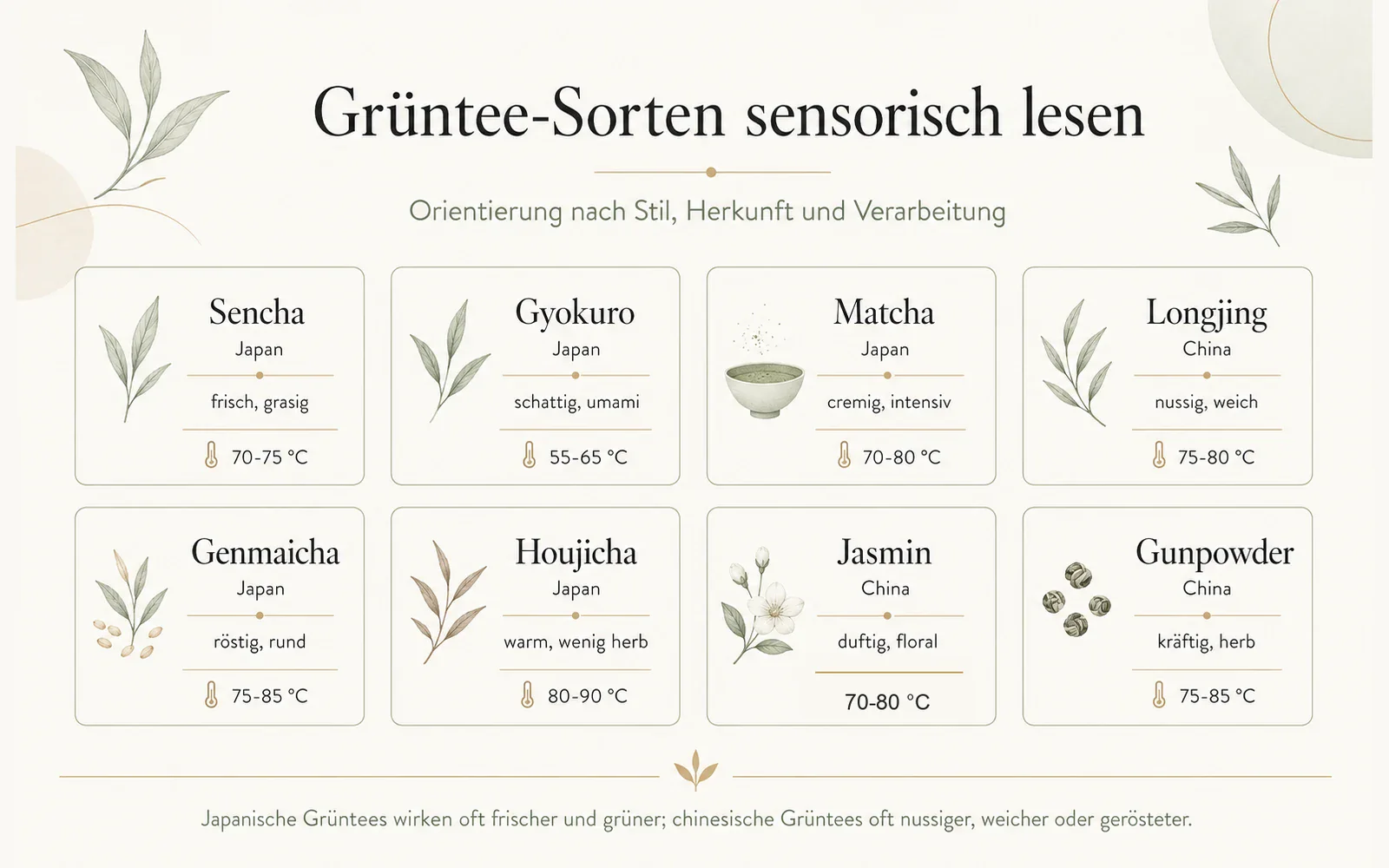 Infografik: Grüntee-Sorten wie Sencha, Gyokuro, Matcha, Longjing und Houjicha sensorisch einordnen