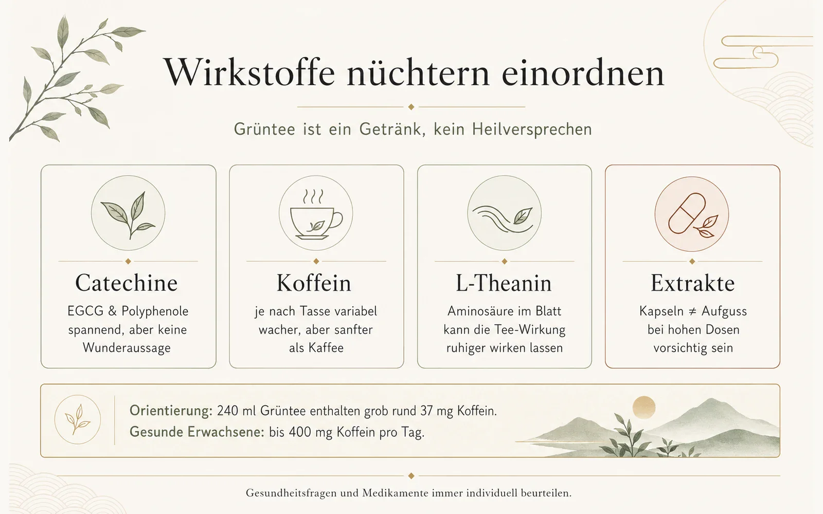 Infografik: Grüntee-Wirkstoffe wie Catechine, Koffein, L-Theanin und Extrakte einordnen