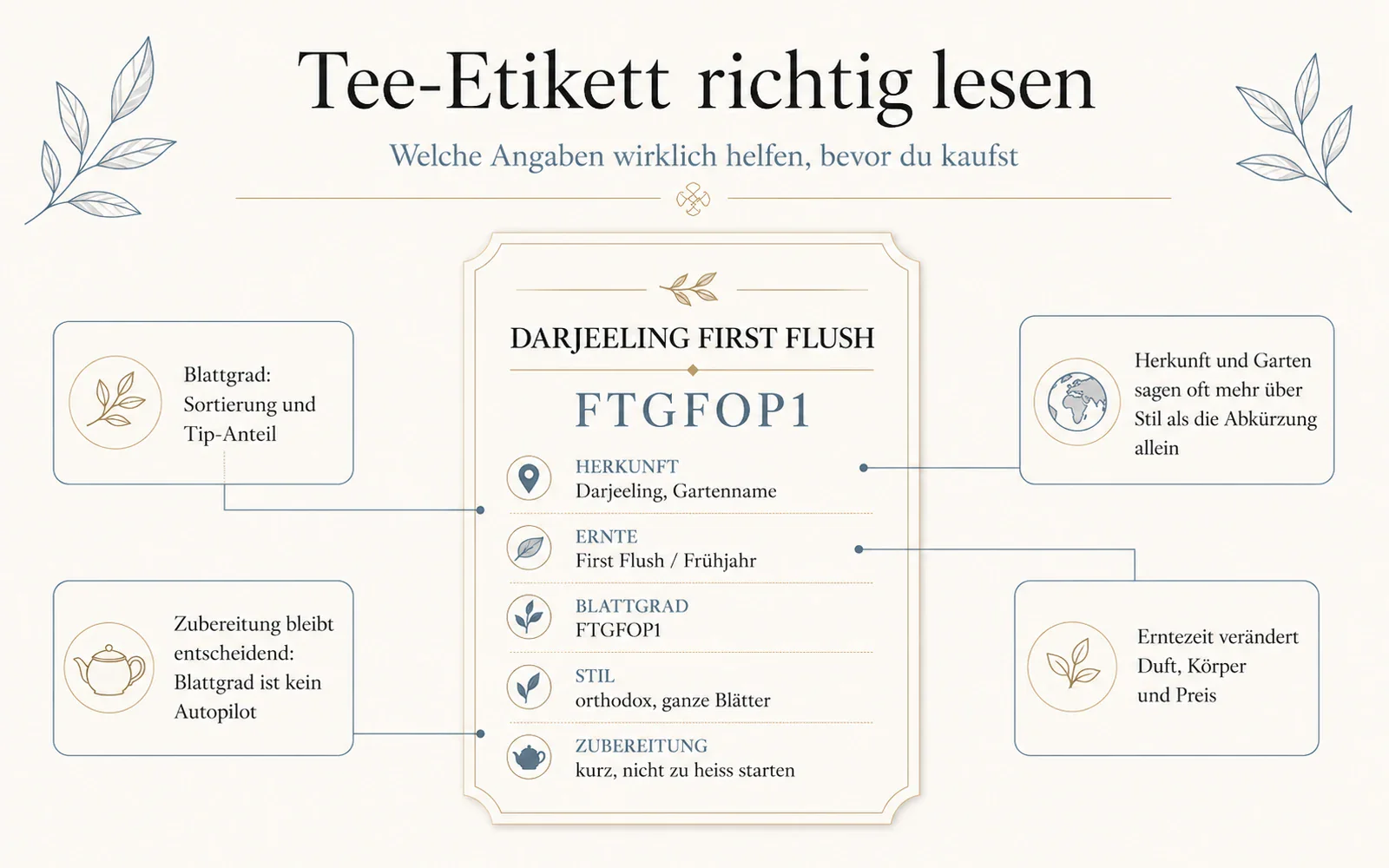 Infografik: Tee-Etikett mit Herkunft, Ernte, Blattgrad, Stil und Zubereitung richtig lesen