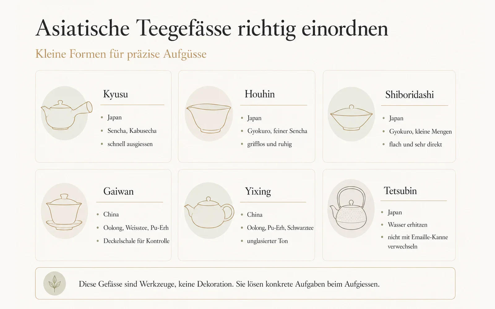 Grafik: Kyusu, Houhin, Shiboridashi, Gaiwan, Yixing und Tetsubin im Vergleich