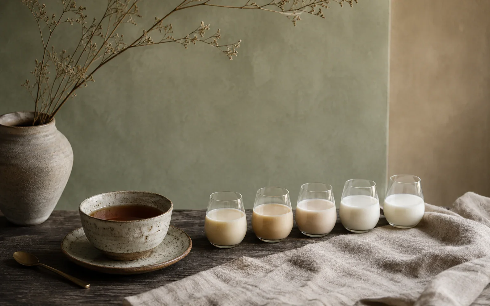 Tee und verschiedene Pflanzendrinks vor matter Matcha-Sage Wand im Tee-Luxe Stil