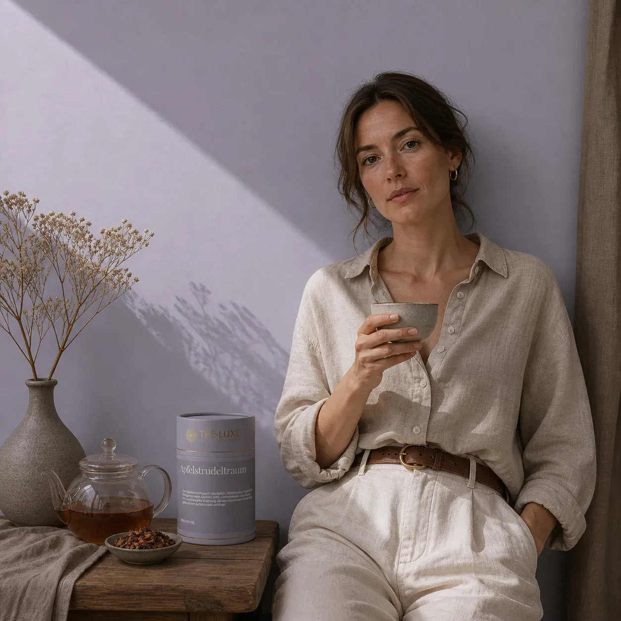 Apfelstrudeltraum Früchte Tee – Lifestyle-Aufnahme mit Tasse und natürlicher Dekoration