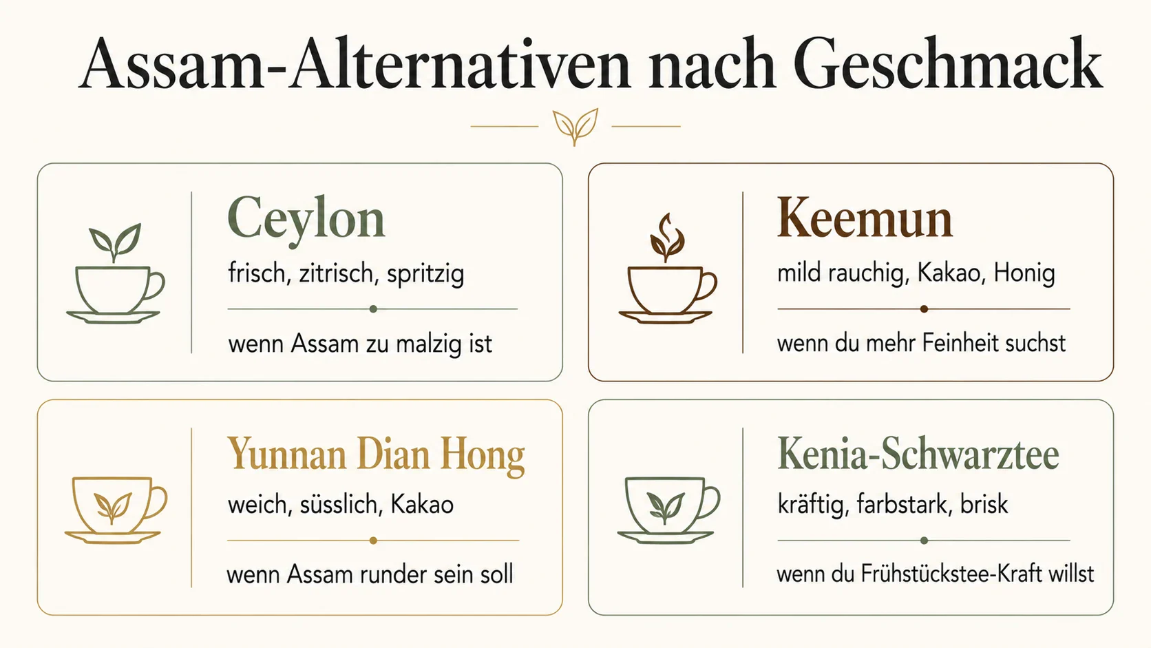 Infografik mit Assam Tee Alternativen wie Ceylon, Keemun, Yunnan Dian Hong und Kenia-Schwarztee nach Geschmack
