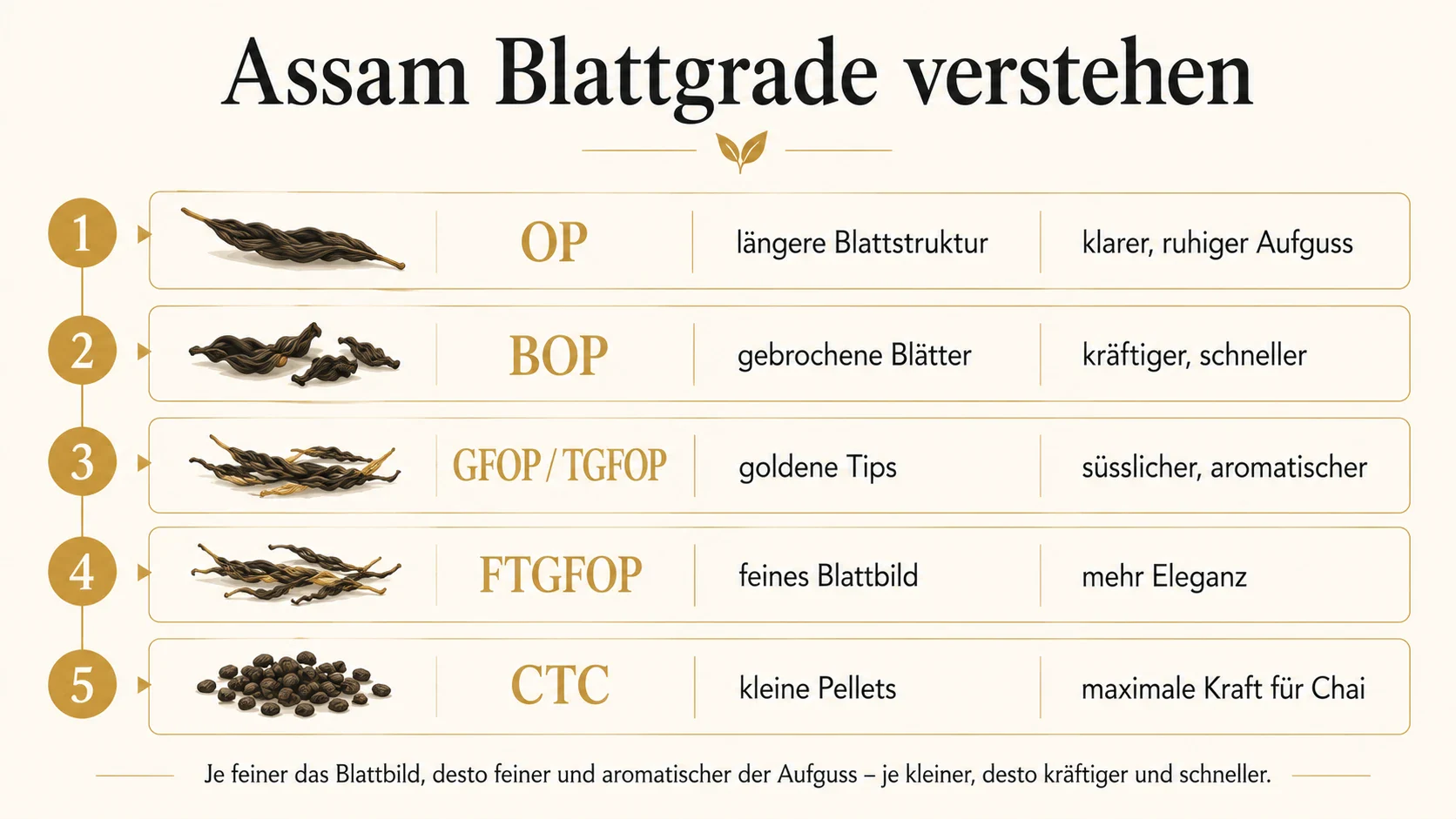 Infografik zu Assam Blattgraden OP, BOP, GFOP, TGFOP, FTGFOP und CTC mit Wirkung auf den Aufguss