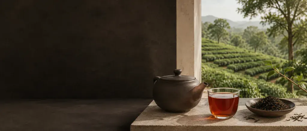 Vollbreites Headerbild zu Assam Tee mit dunkler Textflaeche, keramischer Teekanne, kupferroter Tasse, losen Assam-Teeblaettern und Teeplantage im Hintergrund