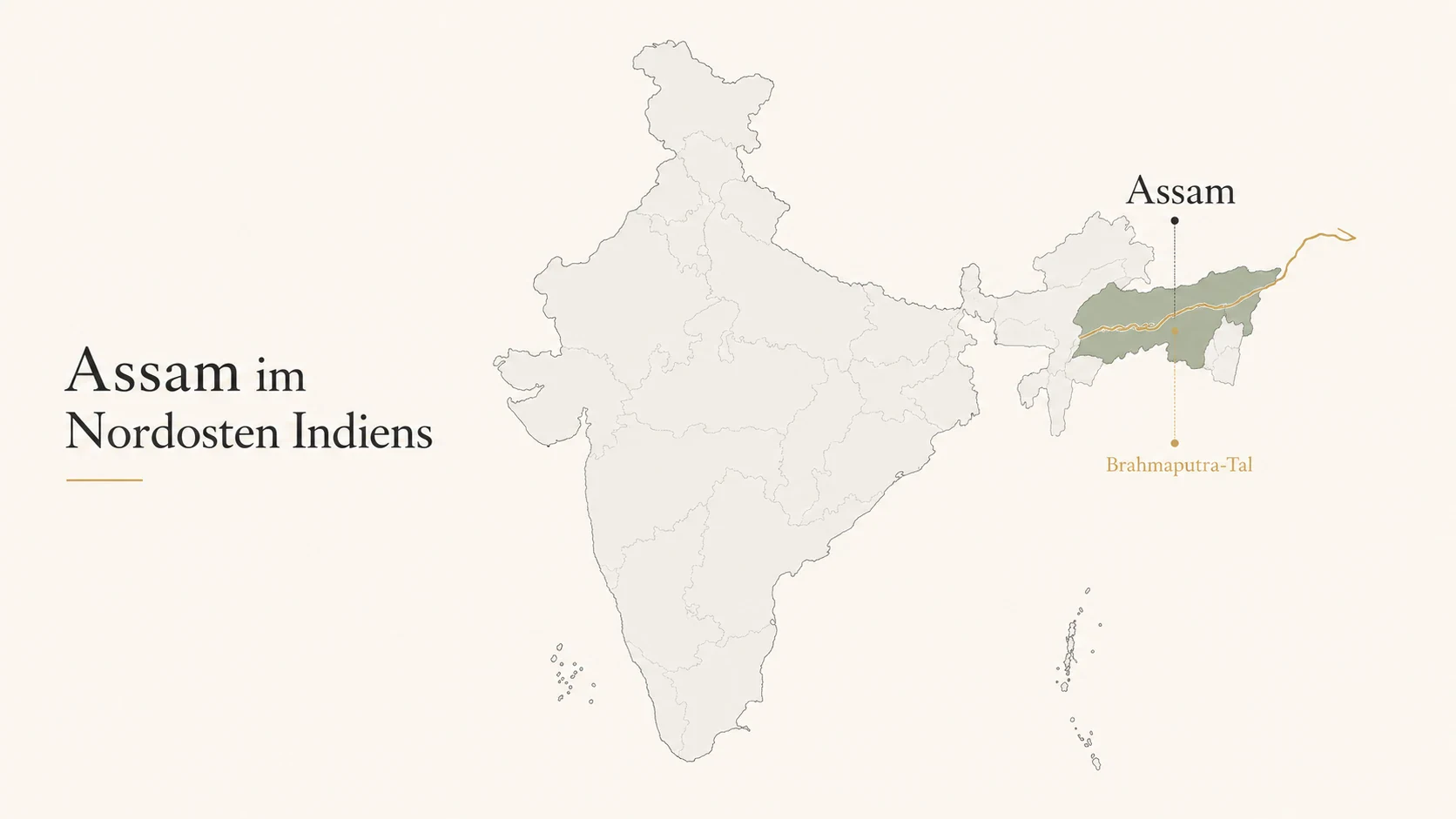 Karte von Assam im Nordosten Indiens mit markiertem Brahmaputra-Tal als Herkunftsregion von Assam Tee
