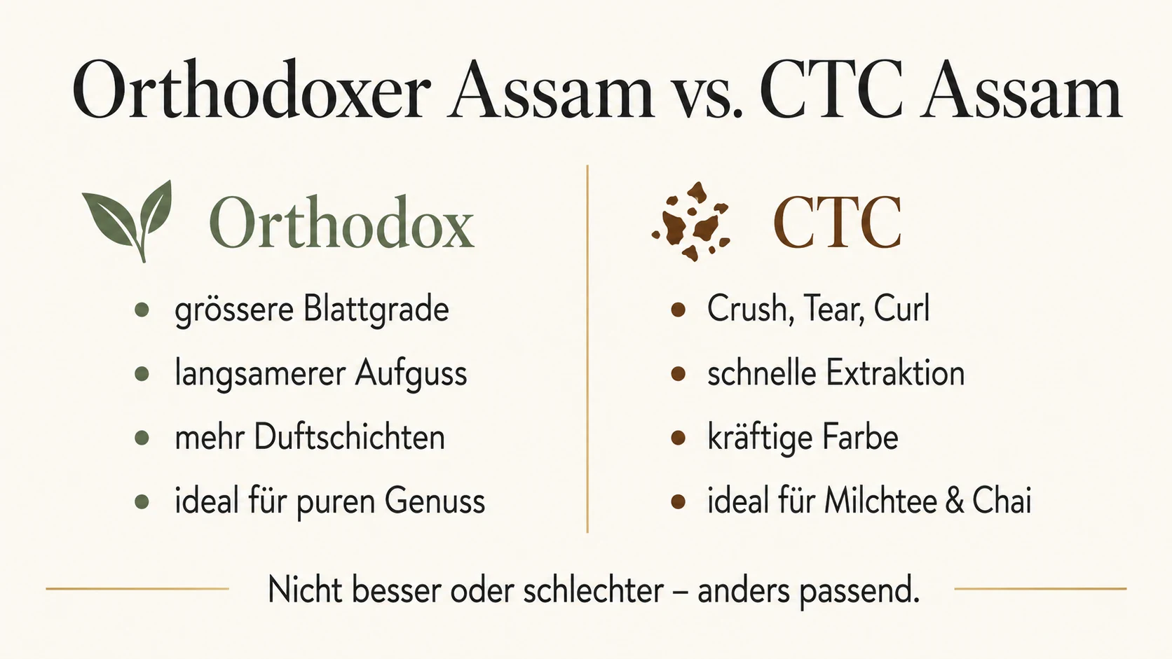 Vergleichsgrafik zu orthodoxem Assam Tee und CTC Assam Tee mit Unterschieden bei Blattgrad, Extraktion und Verwendung