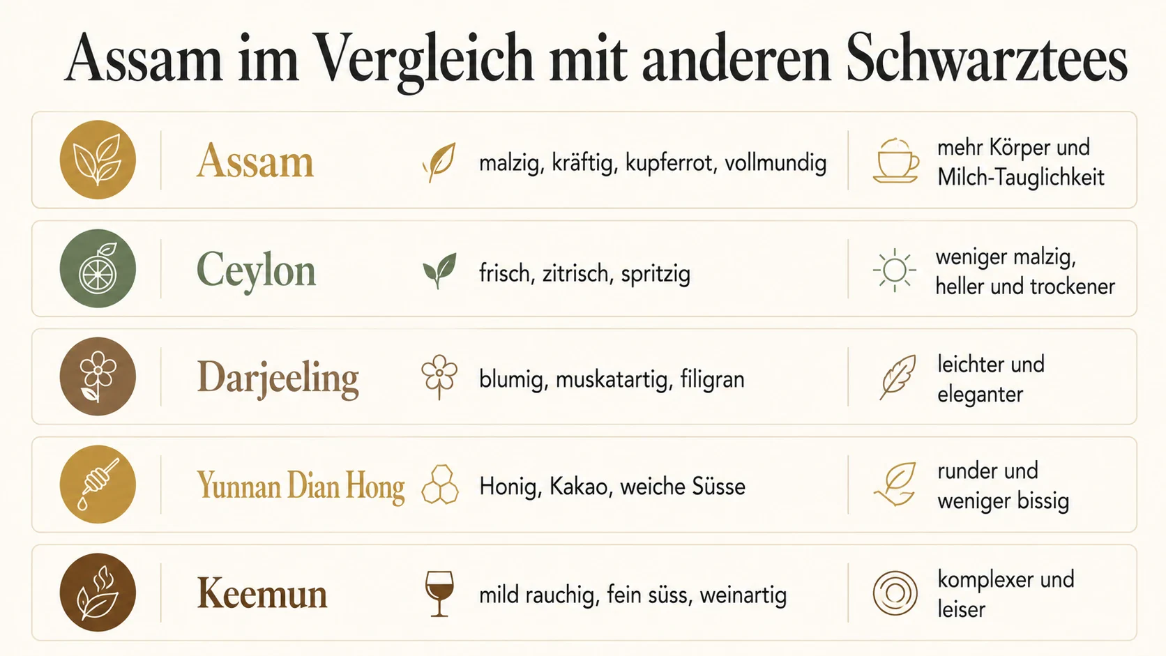 Vergleichsgrafik von Assam Tee mit Ceylon, Darjeeling, Yunnan Dian Hong und Keemun nach Geschmack und Charakter