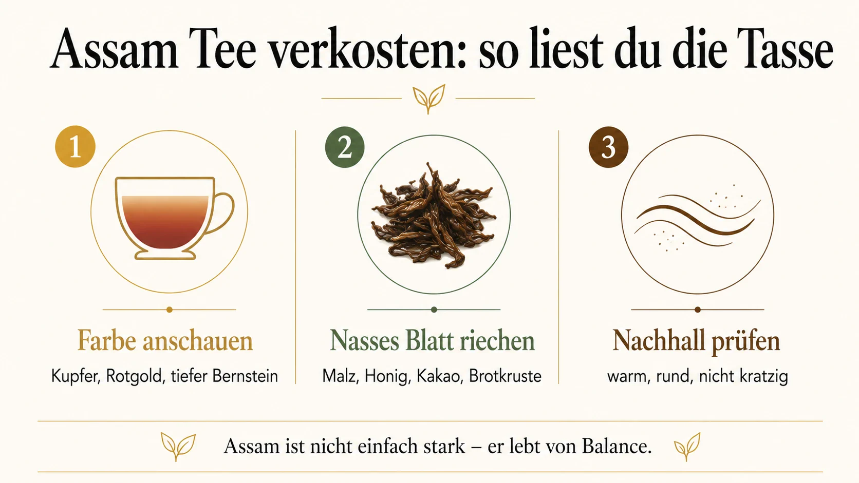 Sensorische Infografik zum Verkosten von Assam Tee mit Farbe, nassem Blatt und Nachhall