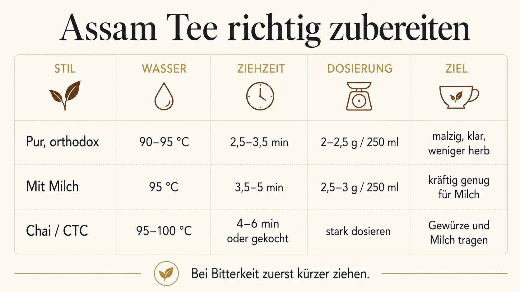 Zubereitungsgrafik fuer Assam Tee mit Temperatur, Ziehzeit und Dosierung fuer puren Tee, Milchtee und Chai