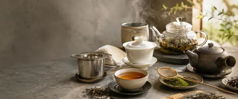 Breites Headerbild mit Teefiltern, Gaiwan, Kyusu, Glaskanne und aufgegossenem Tee