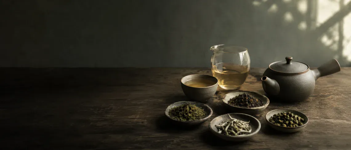 Ruhiges Tee-Luxe Teeritual mit Kyusu, Tassen und losen reinen Teeblaettern