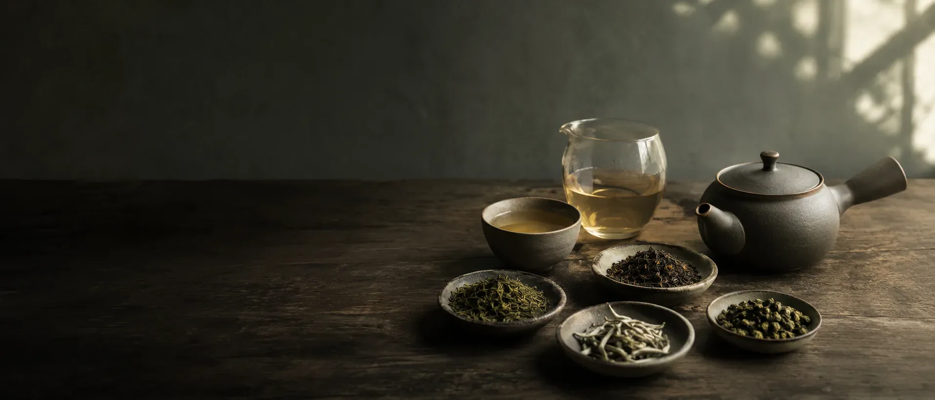 Ruhiges Tee-Luxe Teeritual mit Kyusu, Tassen und losen reinen Teeblaettern