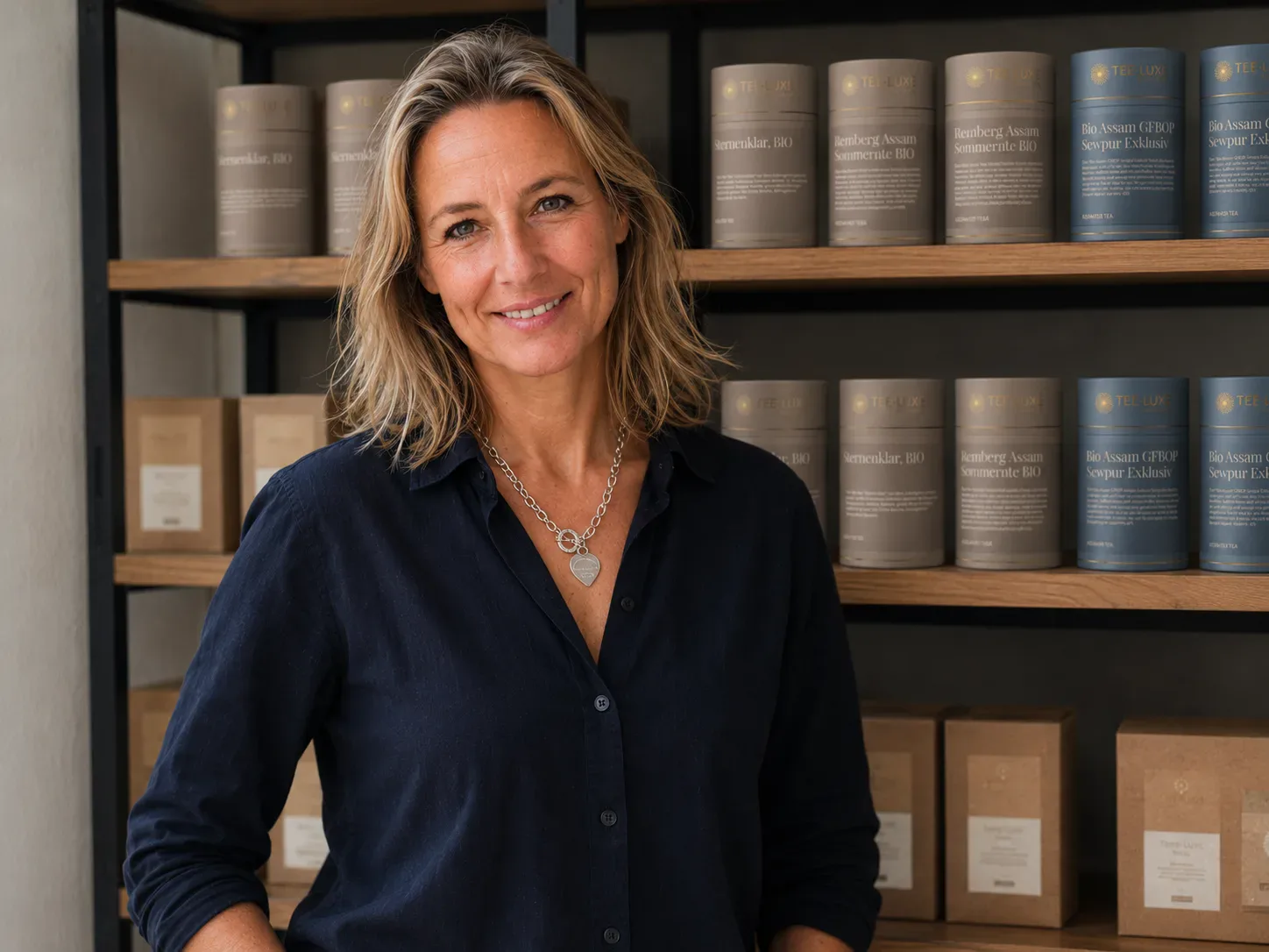 Eine Person aus dem Tee-Luxe Team vor einem Regal mit Tee-Luxe Produkten.