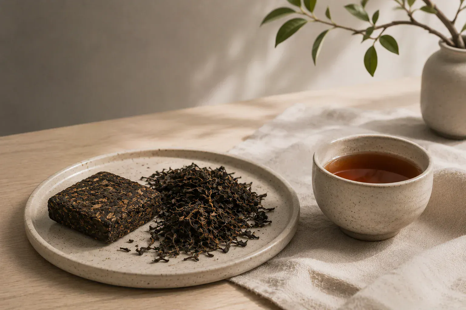 Dunkle Pu-Erh-Teeblätter und gepresster Tee neben einer Tasse als Beispiel für Post-Fermentation