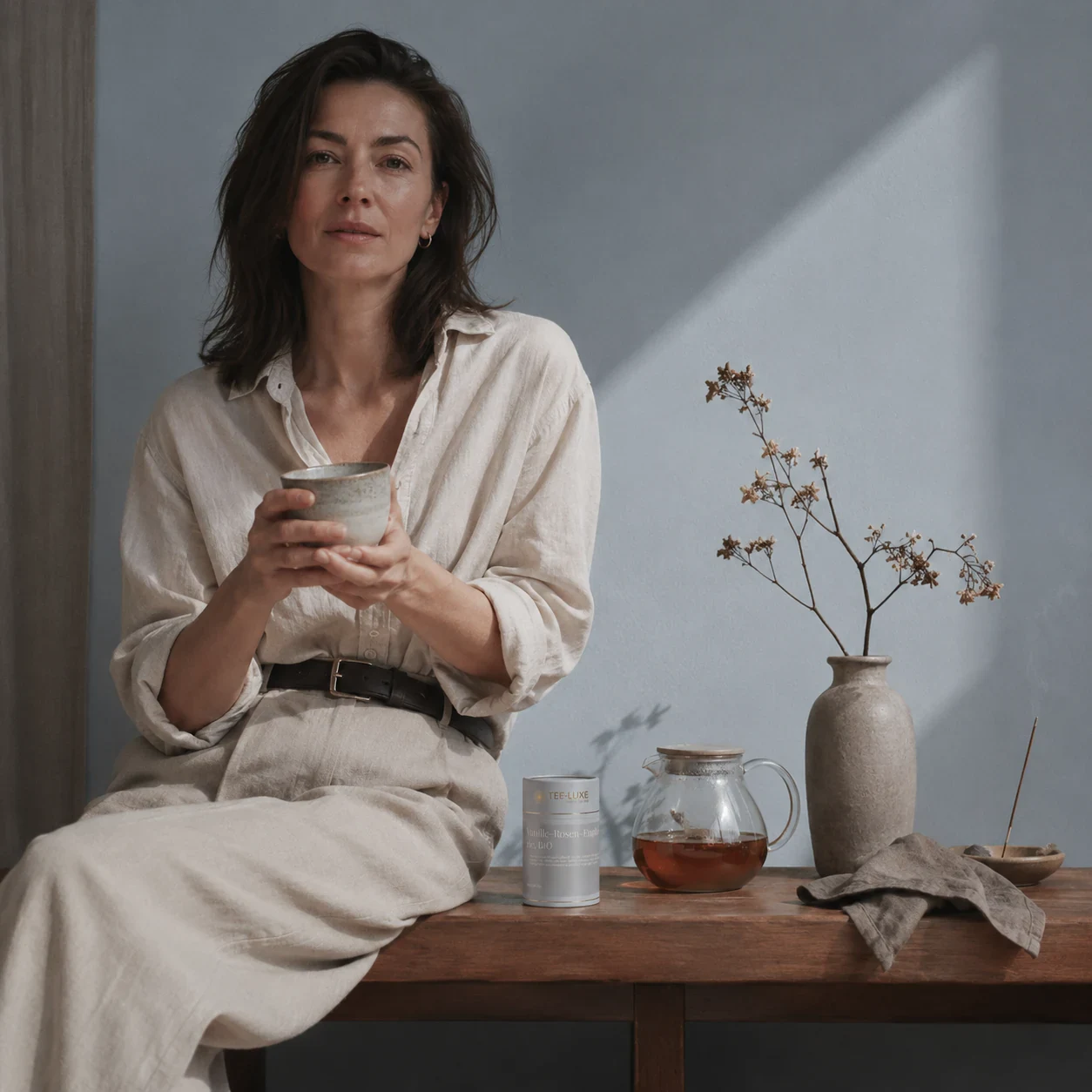 Tee-Luxe Vanille-Rosen-Euphorie Teedose in ruhiger Lifestyle-Szene