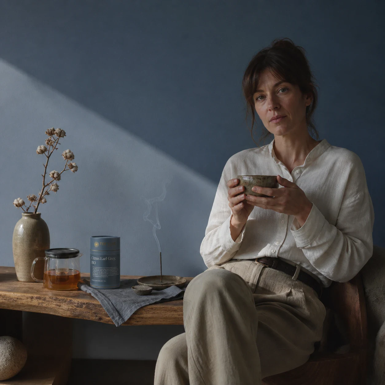 Citrus Earl Grey BIO Tee-Luxe Dose mit Teekanne im ruhigen Lifestyle-Setting