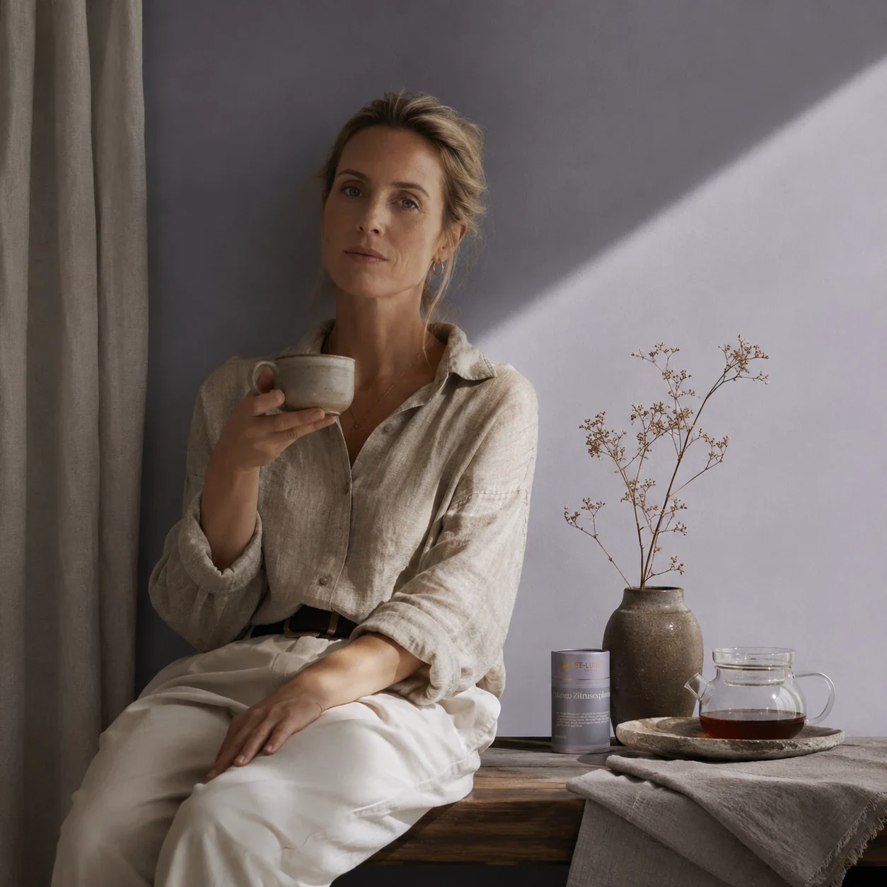 Tee-Luxe Mango Zitrusexplosion Teedose in ruhiger Lifestyle-Szene