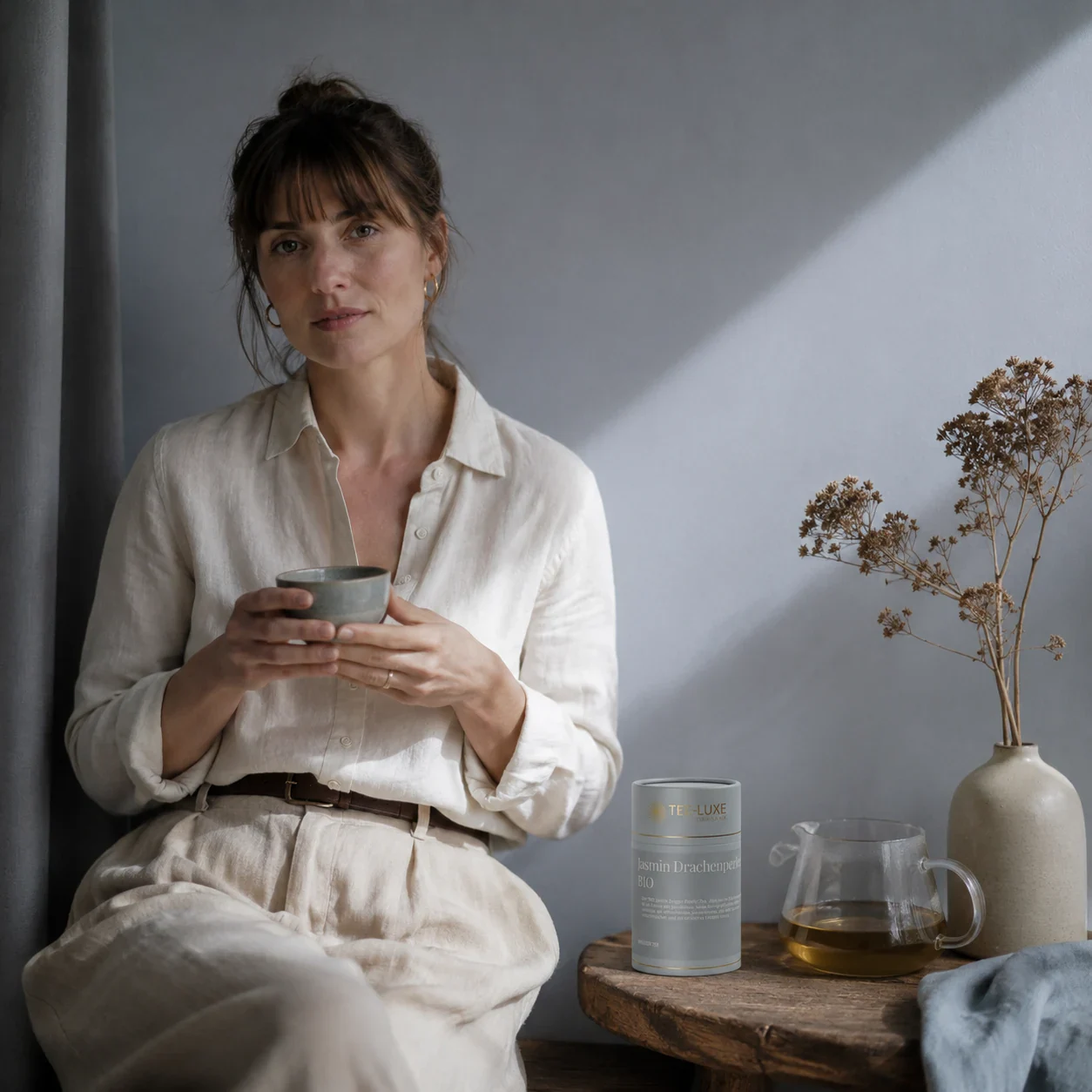 Tee-Luxe Jasmin Drachenperlen Teedose in ruhiger Lifestyle-Szene