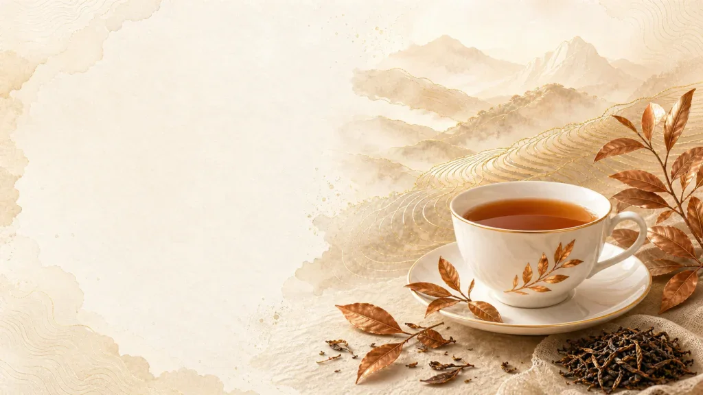 Ceylon Tee aus Sri Lanka mit Teetasse, Inselkontur und warmen Gold- und Kupfertönen
