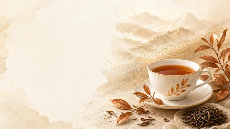 Ceylon Tee aus Sri Lanka mit Teetasse, Inselkontur und warmen Gold- und Kupfertönen