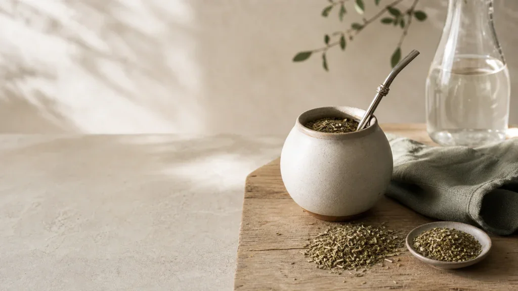 Helle Mate Tee Szene mit Keramik-Calebasse, Bombilla und loser Yerba Mate