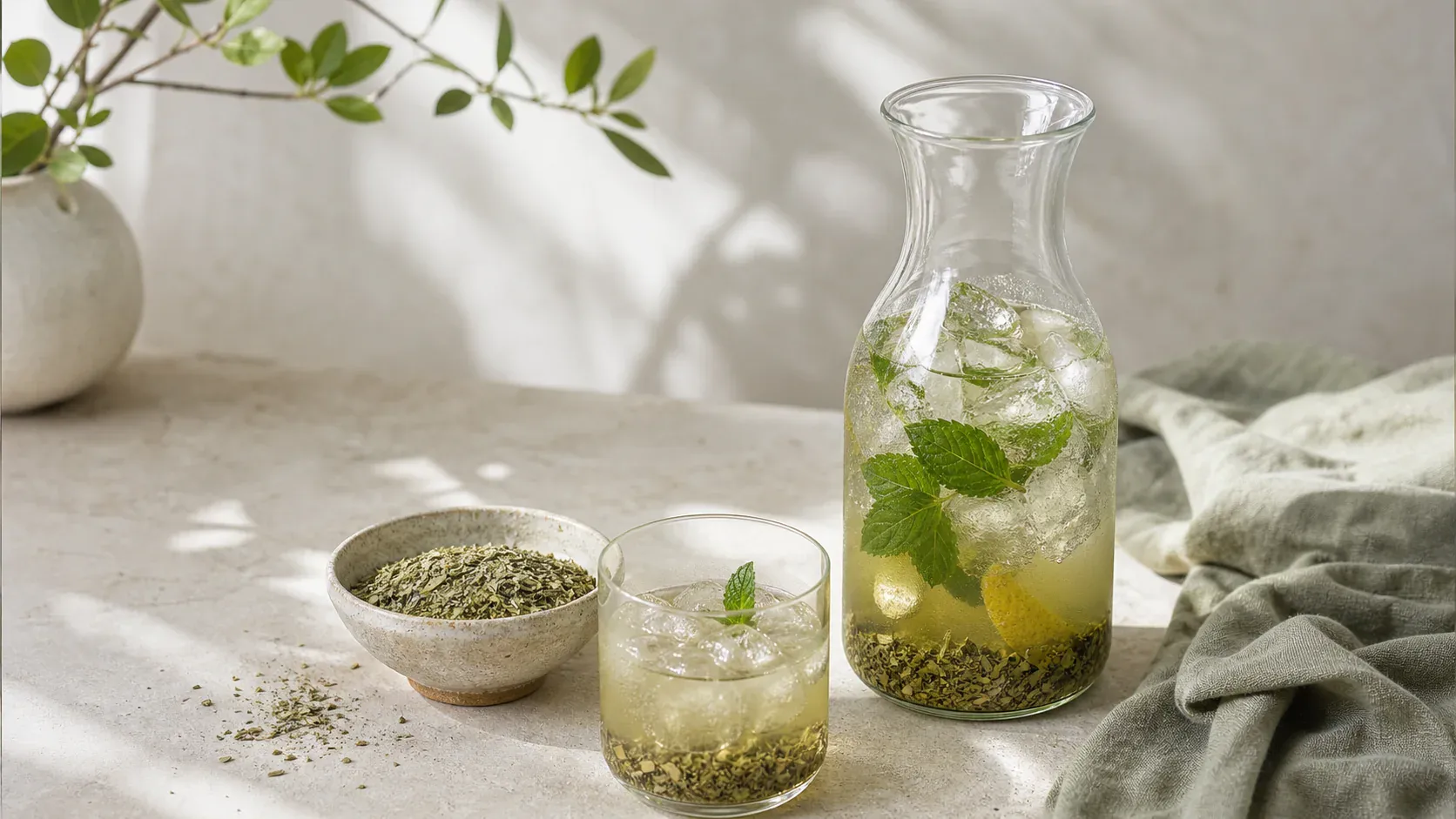 Heller Terere Cold Brew mit Yerba Mate, Eis, Minze und Zitrus