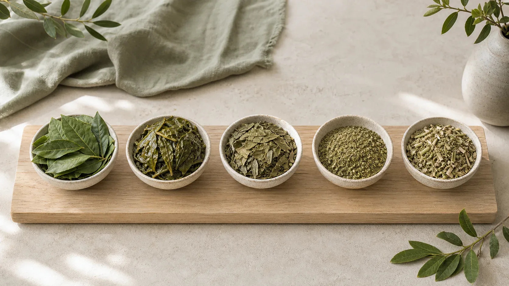 Helle Prozessdarstellung mit Yerba Mate Blättern in verschiedenen Verarbeitungsstufen