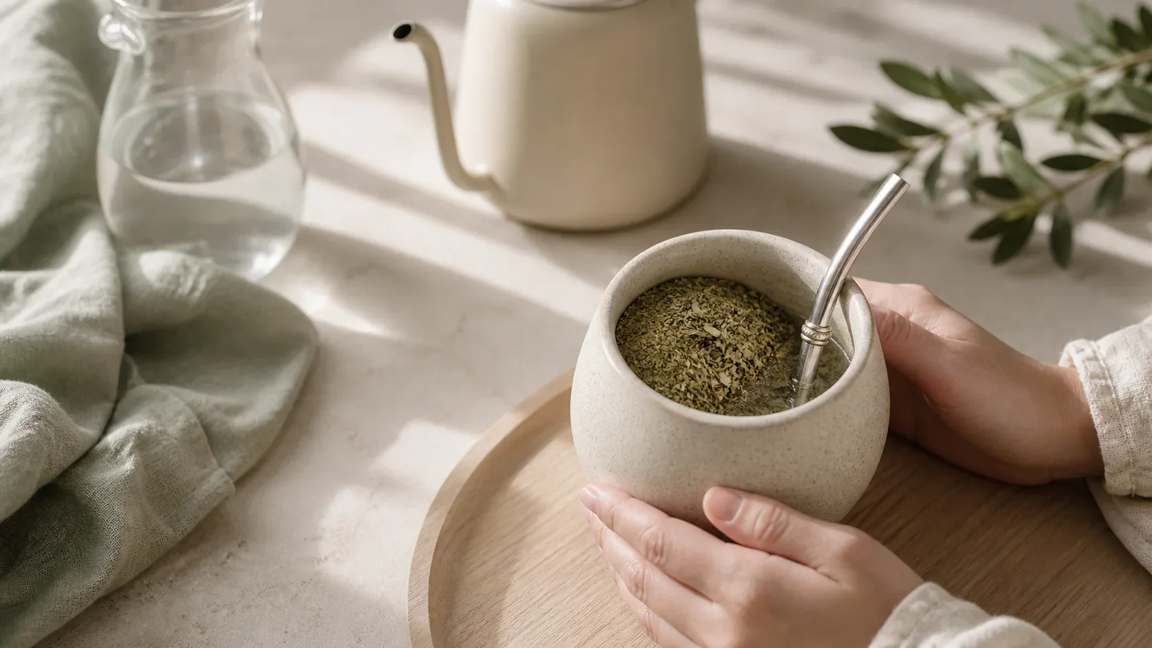 Helle Mate Tee Zubereitung mit Keramik-Calebasse, Bombilla und Yerba Mate