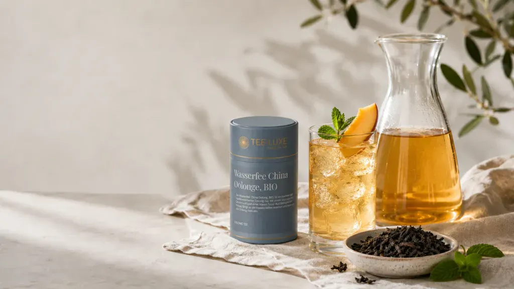Oolong Cold Brew mit Eis, Pfirsich, Minze, Tee-Luxe Wasserfee China Oolong Dose und losen Oolong-Blättern.