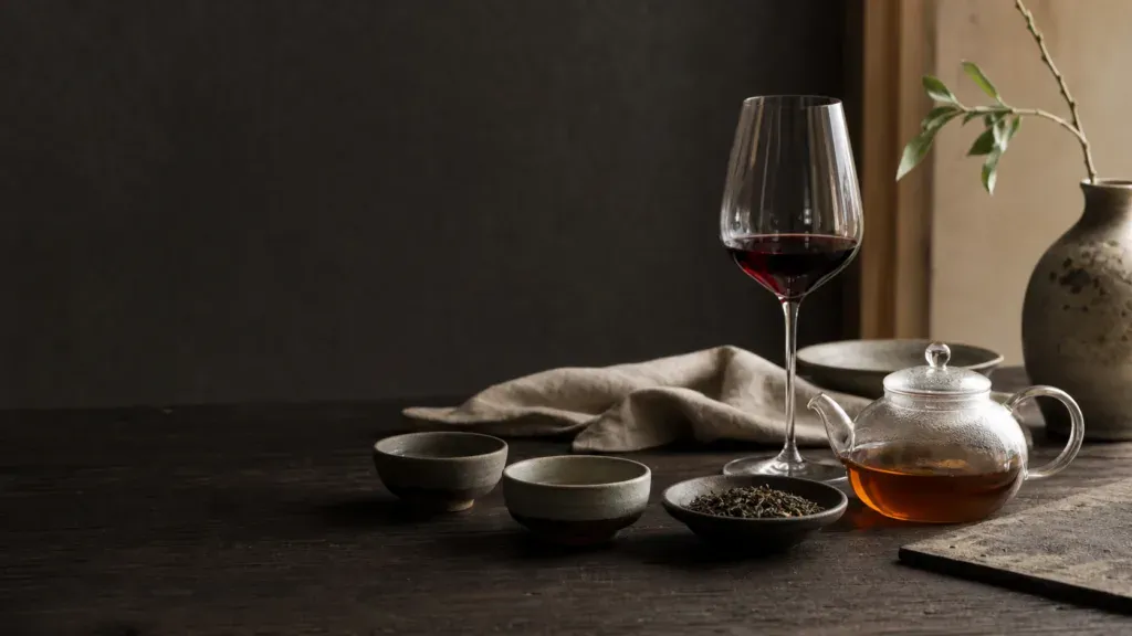 Tee und Wein als ruhiges Stillleben mit Teekanne, Tassen und Weinglas.