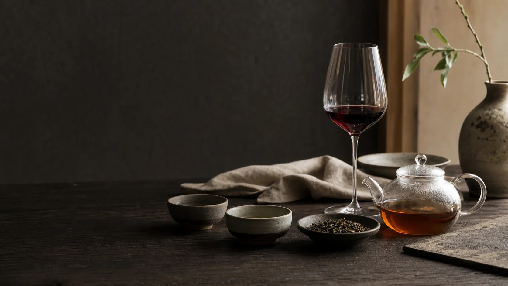 Tee und Wein als ruhiges Stillleben mit Teekanne, Tassen und Weinglas.
