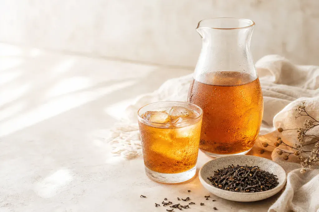 Cold Brew Tee mit Glas, Karaffe und losen Teeblättern in heller Tee-Luxe Ästhetik
