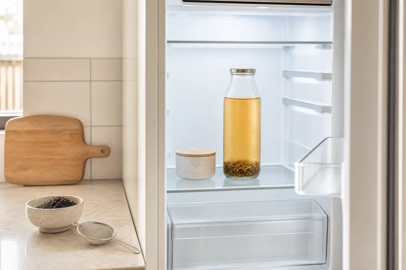 Cold Brew Tee in einer verschlossenen Glasflasche im Kühlschrank mit Sieb und Teeglas