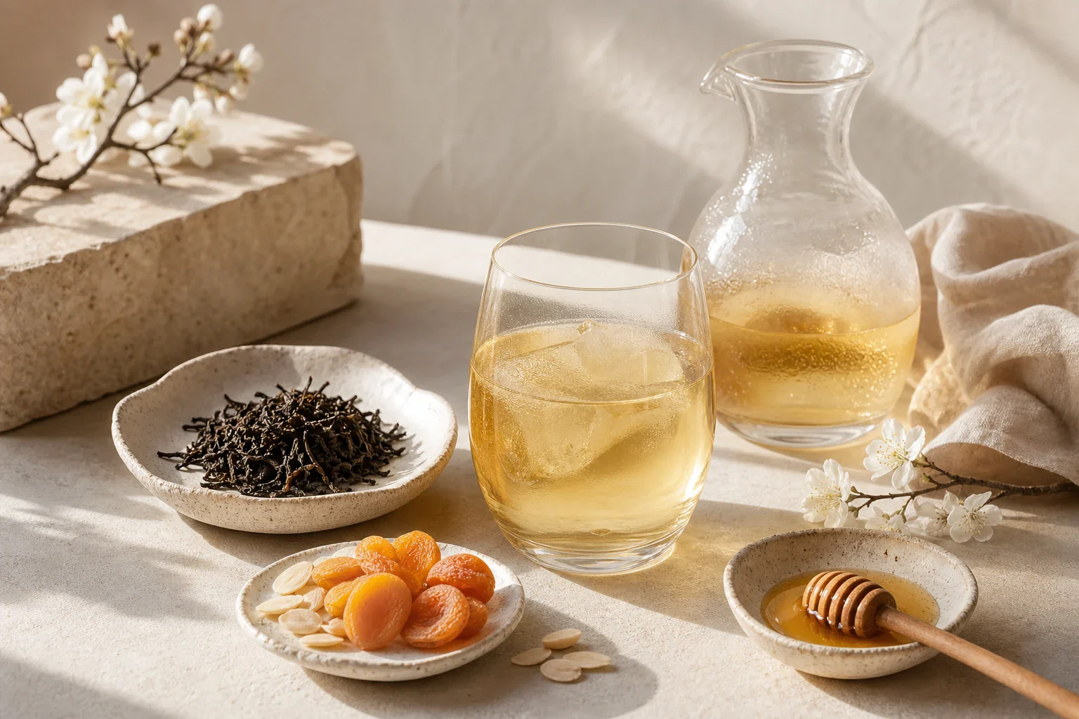 Helles Cold Brew Tee Stillleben mit Glas, Karaffe, Teeblättern, Honig und getrockneter Aprikose