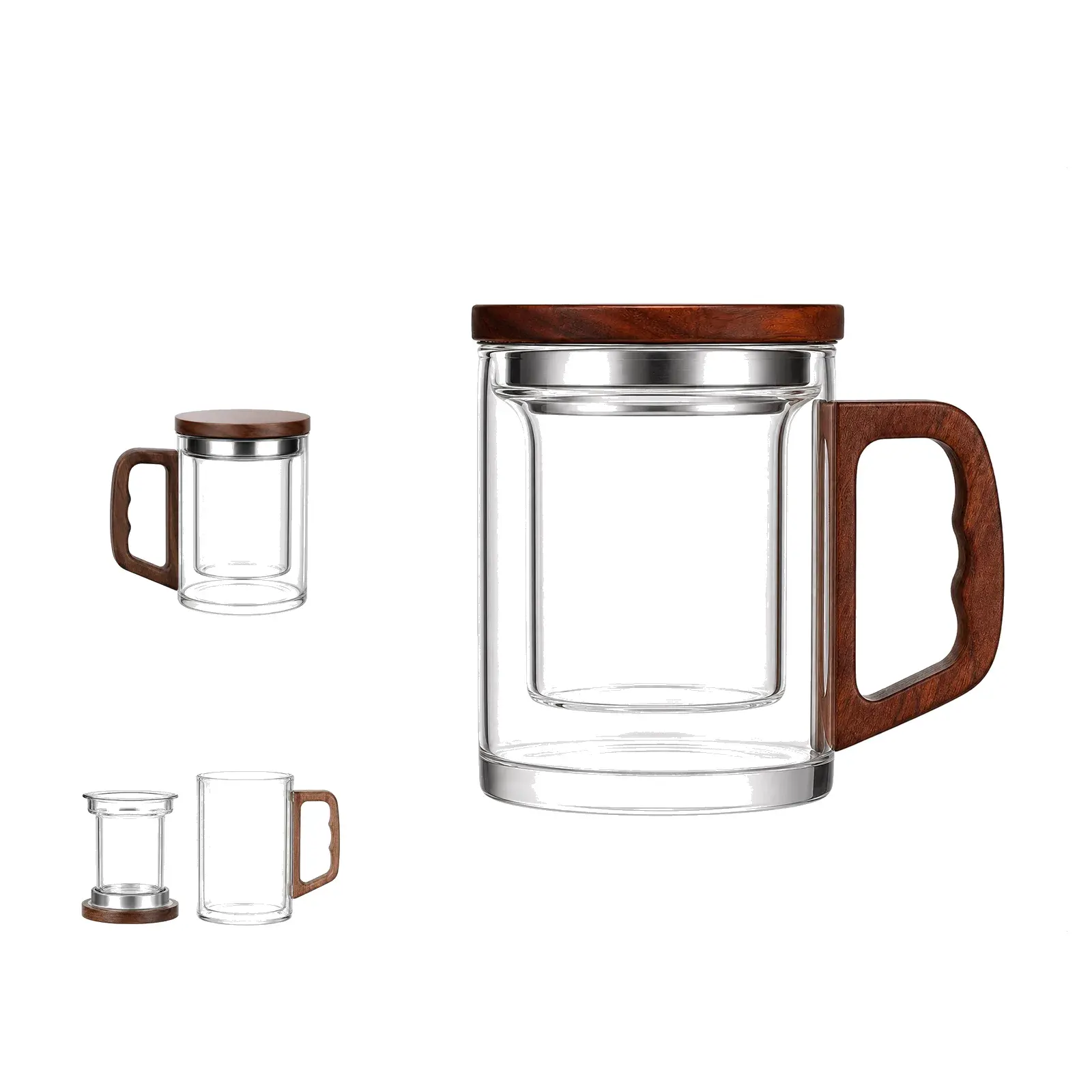 Borosilikatglas-Teetasse Clara mit Teesieb auf weissem Hintergrund