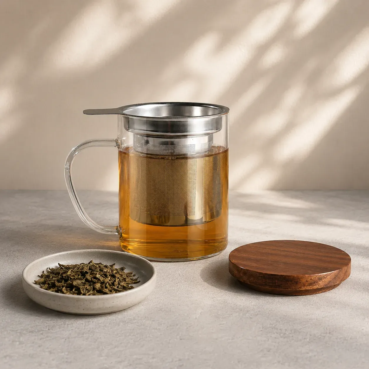 Glas-Teetasse mit Akazienholzdeckel und Tee in ruhiger Lifestyle-Szene