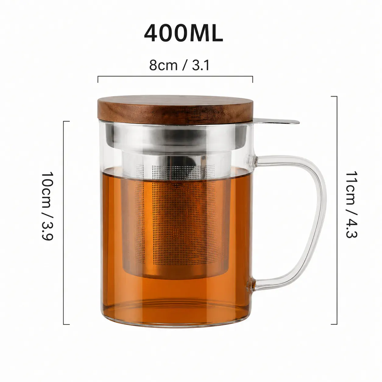 Glas-Teetasse mit Akazienholzdeckel und Teesieb – Masse 8 × 8 × 11 cm