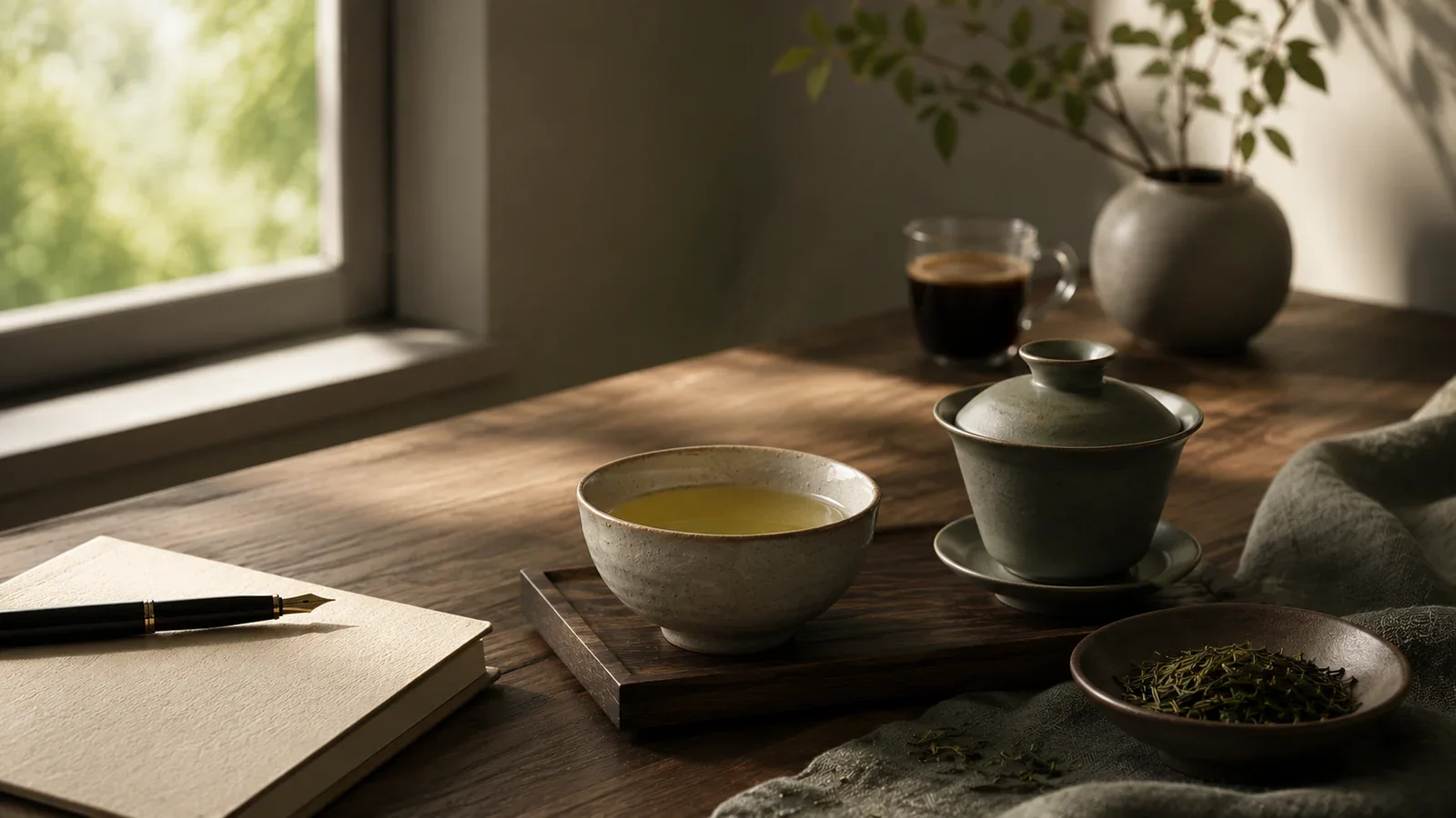 Ruhige Schreibtischszene mit Grüntee, Notizbuch und Kaffee im Hintergrund.