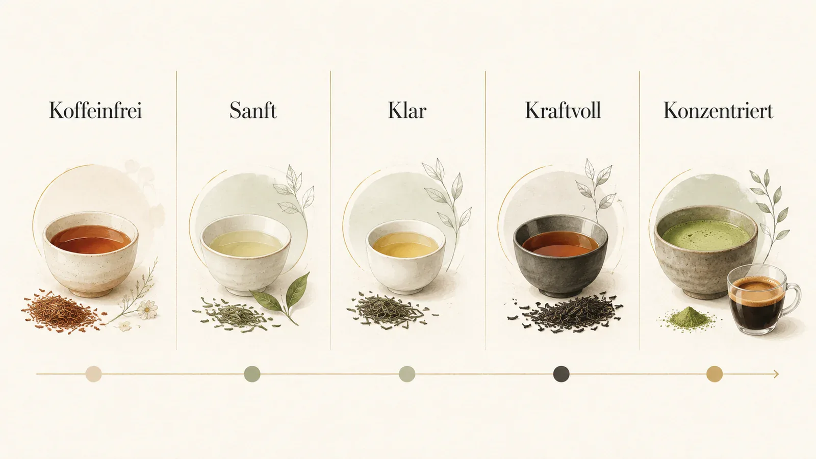 Editoriale Infografik zum Koffein-Spektrum von koffeinfrei bis konzentriert.